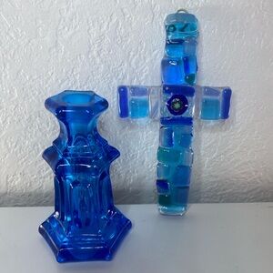 Cobalt Blue Glass Lot Candle Taper Holder & Fused Mosaic Cross Wall Art 2-Piece